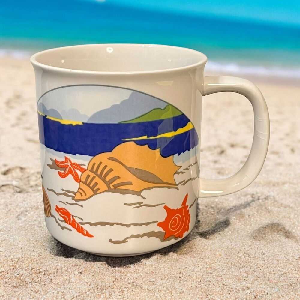 Vintage Hankook Coffee Cup Mug Fine China Ocean Shells Big Conch Made in Korea